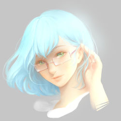 Rule 34 | 1girl, adjusting hair, blue hair, glasses, green eyes, grey background, lips, looking at viewer, original, orry, portrait, realistic, short hair, simple background, smile, solo
