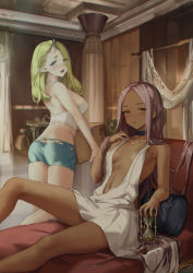 Rule 34 | 2girls, ass, bare arms, bare shoulders, black choker, blue eyes, blue shorts, box, breasts, choker, commentary, crop top, dark-skinned female, dark skin, demi (nashidrop), dress, english commentary, eyes visible through hair, fang, from behind, green hair, halterneck, hand up, highres, holding, holding box, horns, hourglass, indoors, legs, legs together, long hair, looking at viewer, looking back, medium breasts, multiple girls, nashidrop, navel, open mouth, original, parted lips, pear (nashidrop), plunging neckline, pointy ears, purple hair, reclining, red eyes, shirt, short shorts, shorts, signature, single horn, skin fang, small breasts, standing, thighs, very long hair, white dress, white shirt