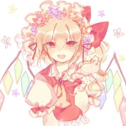 Rule 34 | 1girl, ascot, blonde hair, blush, bow, crystal, flandre scarlet, flower, frilled shirt, frilled shirt collar, frilled sleeves, frills, hair between eyes, hat, hat flower, hat ribbon, mob cap, one side up, open mouth, puffy short sleeves, puffy sleeves, red bow, red eyes, red ribbon, red vest, ribbon, shirt, short hair, short sleeves, solo, sorani (kaeru0768), teeth, touhou, upper teeth only, vest, white background, white shirt, wings, wrist cuffs, yellow ascot