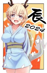 Rule 34 | 1girl, 2024, absurdres, blonde hair, blue eyes, blush, brave witches, breasts, chinese zodiac, dragon girl, dragon horns, dragon tail, highres, horns, japanese clothes, kimono, large breasts, looking at viewer, nikka edvardine katajainen, open mouth, short hair, smile, solo, tail, tama kitsune, world witches series, year of the dragon