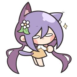 1girl :3 animal_ear_fluff animal_ears baek_ban barefoot blush_stickers cat_ears cat_girl cat_tail chibi chibi_only closed_mouth flower hair_flower hair_ornament kemonomimi_mode long_hair long_sleeves o_o purple_hair shirt simple_background skirt solo tail touhou tsukumo_benben twintails white_background white_flower white_shirt yellow_skirt