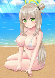 Rule 34 | 1girl, absurdres, bare arms, bare shoulders, beach, bikini, black bow, blue archive, blue sky, blush, bow, breasts, brown hair, closed mouth, cloud, cloudy sky, collarbone, commentary request, covered erect nipples, day, full body, green eyes, hair between eyes, hair bow, halo, highres, horizon, large breasts, long hair, looking at viewer, michou, micro bikini, navel, nonomi (blue archive), ocean, outdoors, sand, seiza, sitting, sky, smile, solo, swimsuit, very long hair, water