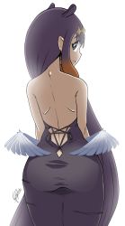 Rule 34 | 1girl, animal ears, ass, backless dress, backless outfit, bare back, bare shoulders, black dress, blue eyes, cowboy shot, dress, from behind, godichi, gradient hair, highres, hololive, hololive english, long hair, looking back, low wings, multicolored hair, ninomae ina&#039;nis, orange hair, pointy ears, purple hair, simple background, solo, standing, two-tone hair, virtual youtuber, white background, wings