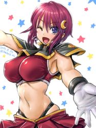 Rule 34 | 00s, 1girl, ahoge, amania orz, artist name, blue eyes, breasts, dated, covered erect nipples, gloves, gundam, gundam seed, gundam seed destiny, hair ornament, large breasts, lunamaria hawke, microphone, navel, one eye closed, outstretched arms, red hair, short hair, sketch, skindentation, skirt, solo, sports bra, star (symbol), thong, twitter username