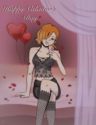 Rule 34 | 1girl, bed, black shorts, breasts, brown eyes, cleavage, crossed legs, cup, curtains, drink, drinking glass, earrings, eyeliner, feet out of frame, female focus, fishnets, grin, hair over one eye, happy valentine, highres, holding, holding drink, jewelry, kanon (ntwewy), lingerie, lipstick, looking at viewer, makeup, medium breasts, midriff, nail polish, on bed, orange hair, red nails, shin subarashiki kono sekai, shorts, sitting, sitting on object, smile, solo, subarashiki kono sekai, underwear, valentine, wine glass