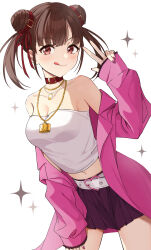 Rule 34 | 1girl, absurdres, bare shoulders, belt, belt collar, black skirt, brown eyes, brown hair, chain, chain necklace, collar, commentary request, double bun, gawawawa, hair bun, highres, idolmaster, idolmaster shiny colors, jacket, jewelry, licking lips, long hair, looking at viewer, miniskirt, nail polish, necklace, off shoulder, pink jacket, pleated skirt, skirt, sleeves past wrists, solo, sonoda chiyoko, strapless, tongue, tongue out, tube top, twintails, v, white background, white belt