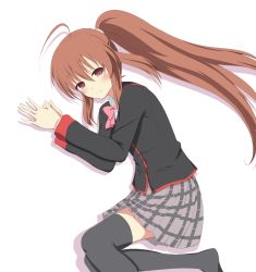 Rule 34 | 1girl, black thighhighs, brown eyes, brown hair, e aru, little busters!, long hair, looking at viewer, lying, natsume rin, on back, pleated skirt, ponytail, simple background, skirt, solo, thighhighs, white background, zettai ryouiki