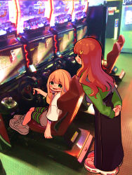 Rule 34 | 2girls, :3, absurdres, arcade, arcade cabinet, arm at side, arms behind back, black skirt, blonde hair, blush stickers, casual, closed eyes, dot nose, furrowed brow, futaba anzu, game request, green eyes, green shorts, green sweater, hair ornament, heart, heart hair ornament, high-waist skirt, highres, idolmaster, idolmaster cinderella girls, indoors, leaning forward, long hair, long skirt, long sleeves, looking at another, low twintails, more e 4km, moroboshi kirari, multiple girls, open mouth, orange hair, oversized clothes, photo background, platform footwear, shirt, shoes, shorts, sitting, skirt, sneakers, standing, steering wheel, striped clothes, striped shorts, sweater, tareme, twintails, wangan midnight, wavy hair, white footwear, white shirt