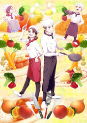 Rule 34 | 1boy, 1girl, absurdres, apple, apron, bad id, bad pixiv id, bell pepper, broccoli, brown eyes, brown hair, cake, carrot, chef, chef hat, chef, curry, egg, food, fruit, frying pan, grin, hand on own hip, hat, highres, hip focus, knife, ladle, lettuce, meat, nari830, noodles, omelet, omurice, onion, pepper, peppers, potato, rice, short hair, sleeves rolled up, smile, spatula, strawberry, tomato, twintails