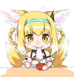 Rule 34 | 1girl, animal ears, arknights, blonde hair, blue hairband, blush stickers, bowl, braid, braided hair rings, chopsticks, closed mouth, colored tips, commentary request, earpiece, eating, fox ears, fox girl, fox tail, green eyes, hair rings, hairband, highres, holding, holding bowl, holding chopsticks, kitsune, kyuubi, multicolored hair, multiple tails, nasumikan (nodoame241), short hair, simple background, sitting, solo, suzuran (arknights), tail, twin braids, two-tone hair, white background, white hair