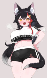 Rule 34 | 1girl, :d, animal ear fluff, animal ears, arm at side, black hair, black shorts, black sports bra, blush, breasts, character name, chestnut mouth, clothes writing, cowboy shot, crop top, crop top overhang, cropped shirt, curvy, double-parted bangs, flipped hair, grey background, grey hair, groin, hair ornament, hairclip, hand on own hip, highres, hololive, hololive dance practice uniform, kani bonara, large breasts, long hair, looking at viewer, midriff, multicolored hair, navel, official alternate costume, ookami mio, open mouth, red hair, shirt, short shorts, shorts, sidelocks, simple background, smile, solo, spiked hair, sports bra, sports bra peek, steaming body, streaked hair, sweat, t-shirt, tail, tail around own leg, tail wrap, thick thighs, thighs, very long hair, very sweaty, virtual youtuber, white shirt, wolf ears, wolf girl, wolf tail, workout clothes, yellow eyes