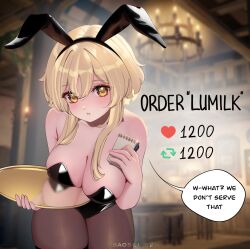 Rule 34 | 1girl, alternate costume, animal ears, arrow (symbol), artist name, baobei (baobei bu), bar (place), bare shoulders, black leotard, blonde hair, blurry, blurry background, blush, breasts, brown pantyhose, chair, collarbone, commentary, english commentary, english text, fake animal ears, genshin impact, hair between eyes, hands up, heart, highres, holding, holding notebook, holding tray, indoors, lamp, large breasts, leotard, looking at viewer, lumine (genshin impact), meme, notebook, orange eyes, pantyhose, playboy bunny, rabbit ears, reflection, short hair, short hair with long locks, sidelocks, solo, sparkle, speech bubble, standing, strapless, strapless leotard, table, teeth, tray, twitter strip game (meme)