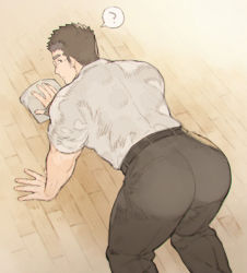 Rule 34 | 1boy, ?, all fours, alternate costume, ass, ass focus, bad id, bad pixiv id, bara, belt, black hair, black pants, brown hair, chataro1412, cleaning, feet out of frame, from behind, glasses, looking at viewer, looking back, male focus, muscular, muscular male, pants, rimless eyewear, motoori shiro, shirt, short hair, sleeves rolled up, solo, spoken question mark, thick eyebrows, thick thighs, thighs, tokyo houkago summoners, wet, wet clothes, wet shirt, white shirt, wiping