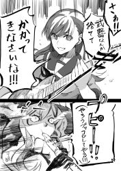 Rule 34 | 10s, 2girls, absurdres, abyssal ship, comic, cosmic (crownclowncosmic), flute, greyscale, guitar, highres, instrument, kantai collection, long hair, monochrome, multiple girls, ooi (kancolle), recorder, school uniform, serafuku, translation request, wo-class aircraft carrier