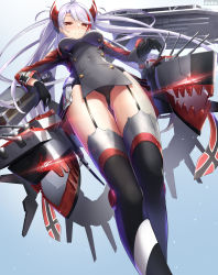 Rule 34 | 1girl, antenna hair, azur lane, black thighhighs, blush, breasts, brown eyes, cross, dobunezumi, from below, garter straps, glint, gloves, gluteal fold, gradient background, highres, iron cross, large breasts, leotard, long hair, looking at viewer, multicolored hair, pelvic curtain, prinz eugen (azur lane), red hair, rigging, silver hair, smile, solo, streaked hair, swept bangs, thigh strap, thighhighs, thighs, two side up, very long hair