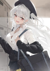 Rule 34 | 1girl, :d, absurdres, azur lane, bag, beret, black hat, black ribbon, breasts, button gap, cleavage, collarbone, collared shirt, commentary, hair ribbon, hat, highres, lemoneko, long hair, looking at viewer, manjuu (azur lane), medium breasts, official alternate costume, one side up, open mouth, red eyes, ribbon, school bag, school uniform, scylla (azur lane), scylla (femme fatale fresher) (azur lane), shirt, smile, solo, symbol-only commentary, white hair, white shirt