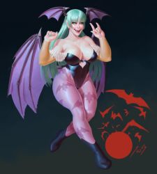 Rule 34 | 1girl, absurdres, bats, boots, breasts, capcom, demon girl, detached sleeves, entheighth, green eyes, green hair, green nails, highres, large breasts, leotard, licking lips, morrigan aensland, nail polish, pantyhose, thick thighs, thighs, tongue, tongue out, vampire (game), wings