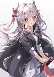 1girl, absurdres, amatsukaze (kancolle), black coat, brown eyes, coat, cowboy shot, dress, grey dress, hair tubes, highres, hood, hooded dress, hoodie, kantai collection, long hair, looking at viewer, obentou, official alternate costume, sa-ya2, silver hair, solo, two side up, windsock