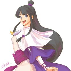 Rule 34 | 1girl, maya fey, black hair, chacckco, ace attorney, japanese clothes, long hair, looking at viewer, smile, solo