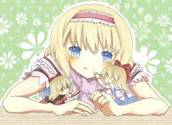 Rule 34 | 3girls, alice margatroid, apron, ascot, blonde hair, blue eyes, blush, bow, capelet, doll, doll joints, hair bow, hairband, hourai doll, hug, joints, knora, light smile, multiple girls, open mouth, red eyes, shanghai doll, short hair, short sleeves, size difference, touhou, waist apron