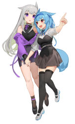 Rule 34 | :d, :o, akizone, animal ears, bare shoulders, black footwear, black thighhighs, blue hair, blue hairband, blue ribbon, breasts, brown skirt, brown socks, cat ears, collar, commentary, final fantasy, final fantasy xiv, full body, grey hair, hairband, highres, holding hands, jacket, large breasts, long hair, long sleeves, medium breasts, neck ribbon, open mouth, pink jacket, pink ribbon, pointing, red eyes, ribbon, shoes, skirt, smile, socks, symbol-only commentary, thighhighs, warrior of light (ff14), white footwear, zettai ryouiki
