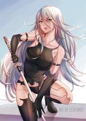 Rule 34 | 1girl, a2 (nier:automata), absurdres, android, artist name, bare shoulders, black gloves, black shorts, black tank top, black thighhighs, blue eyes, breasts, collarbone, commentary, fingerless gloves, gloves, hair between eyes, highres, joints, kneeling, large breasts, leofoxart, long hair, long hair between eyes, looking at viewer, mole, mole under mouth, nier:automata, nier (series), parted lips, robot joints, shorts, sidelocks, single thighhigh, solo, tank top, thighhighs, very long hair, virtuous contract, white hair