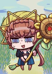 Rule 34 | 1girl, april fools, braid, brown hair, chibi, crown braid, fate/grand order, fate (series), flower, grass, hat, highres, holding, holding brush, holding flower, long hair, looking down, official art, open mouth, riyo (lyomsnpmp), smile, solo, straw hat, sunflower, sweat, van gogh (fate)
