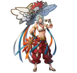 Rule 34 | 1girl, abs, armlet, breasts, cleavage, dagr (fire emblem), dagr (winds offered) (fire emblem), fire emblem, fire emblem heroes, grey hair, hand fan, kite, looking at viewer, medium breasts, midriff, muscular, muscular female, nintendo, non-web source, official alternate costume, official art, open mouth, paper fan, sandals, smile, solo, teeth, tiara, uchiwa, upper teeth only, white background