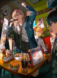 Rule 34 | 2boys, 2girls, absurdres, arm up, artist name, black hair, black pants, blonde hair, burger, chainsaw man, collared shirt, commentary, cup, denji (chainsaw man), dress shirt, drinking straw, food, hair over one eye, hand up, hayakawa aki, highres, holding, holding microphone, horns, indoors, jacket, karaoke, knee up, kyuuba melo, lyrics, makima (chainsaw man), microphone, morning musume, multiple boys, multiple girls, necktie, on table, open clothes, open jacket, open mouth, pants, pizza, plate, pochita (chainsaw man), power (chainsaw man), profile, red hair, sharp teeth, shirt, shoes, sitting, sneakers, standing, symbol-only commentary, table, teeth, white footwear, white shirt
