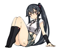 Rule 34 | 1girl, :/, alternate costume, arm support, arm warmers, asashio (kancolle), asashio (kancolle) (cosplay), ass, black socks, blush, breasts, closed mouth, collared shirt, commentary request, cosplay, crop top, dated, expressionless, full body, green skirt, hair tie, high ponytail, invisible chair, kantai collection, kneehighs, leaning back, legs together, legs up, medium breasts, miniskirt, no shoes, plantar flexion, pleated skirt, ponytail, red eyes, shirt, short sleeves, sidelocks, signature, simple background, sitting, sketch, skirt, socks, solo, suspender skirt, suspenders, thighs, tun, white background, white shirt, wing collar, yahagi (kancolle)
