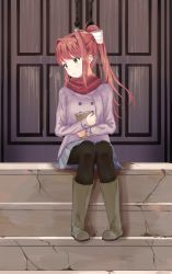 Rule 34 | 1girl, alternate costume, atychi, bad id, bad pixiv id, black pantyhose, book, boots, brown hair, coat, commentary request, doki doki literature club, green eyes, highres, holding, holding book, knee boots, light smile, long hair, looking to the side, monika (doki doki literature club), pantyhose, pleated skirt, scarf, sitting, skirt, solo