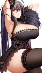 Rule 34 | 1girl, ahoge, armpits, arms behind head, arms up, azur lane, black corset, black dress, black hair, black thighhighs, breasts, cleavage, closed mouth, corset, crossed bangs, dress, hair ornament, highres, large breasts, long hair, looking at viewer, pnatsu, red eyes, solo, taihou (azur lane), taihou (muse) (azur lane), thighhighs, thighs