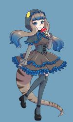 Rule 34 | 10s, 1girl, animal hat, ankle lace-up, arm at side, bad id, bad twitter id, black capelet, black dress, black footwear, black hat, black thighhighs, blue background, blue lips, blue nails, blush, bonnet, brown hair, capelet, cross-laced clothes, cross-laced footwear, dress, eyelashes, fingernails, floating hair, frilled capelet, frilled dress, frilled hat, frilled sleeves, frills, fukai (yas lions), full body, gothic lolita, gradient hair, hat, hatching (texture), holding, kemono friends, komodo dragon (kemono friends), komodo dragon tail, layered dress, leg lift, lipstick, lolita fashion, long hair, long sleeves, looking at viewer, makeup, multicolored hair, mushroom, nail polish, platform footwear, simple background, smile, solo, standing, standing on one leg, striped tail, tail, thighhighs, tsurime, two-tone hair, underbust