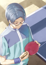 Rule 34 | 1boy, black-framed eyewear, black eyes, blue hair, blue jacket, blue wrist cuffs, closed mouth, expressionless, from above, glasses, hands up, highres, holding, holding paddle, humuyun, indoors, jacket, kanou tenzen, looking at object, looking down, nose, official art, paddle, semi-rimless eyewear, short hair, short sleeves, sidelocks, solo, summer pockets, table tennis, table tennis paddle, upper body, wrist cuffs