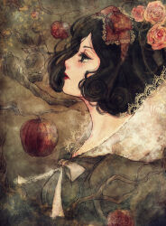 Rule 34 | 1girl, apple, black hair, blush, branch, dress, eyelashes, flower, food, frilled ribbon, frills, fruit, grimm&#039;s fairy tales, hair ribbon, lace trim, lipstick, makeup, pink flower, pink rose, plui, red ribbon, ribbon, rose, short hair, snow white, snow white (grimm), solo, white ribbon