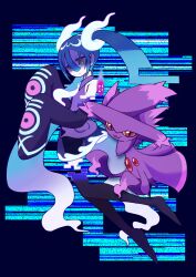 Rule 34 | 1girl, aqua hair, boots, closed mouth, creatures (company), detached legs, detached sleeves, doroji, frown, full body, game freak, gen 4 pokemon, ghost miku (project voltage), glitch, hatsune miku, highres, long hair, looking at viewer, miniskirt, mismagius, necktie, nintendo, pokemon, pokemon (creature), project voltage, shaded face, shirt, sidelocks, skirt, sleeveless, sleeveless shirt, solo, twintails, very long hair, vocaloid, yellow eyes