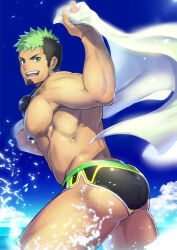 Rule 34 | 1boy, abs, ass, ass focus, bara, black male swimwear, facial hair, goatee, goggles, green eyes, highres, ikusaba daisuke, large pectorals, looking at viewer, male focus, male swimwear, multicolored hair, muscular, muscular male, nipples, pectorals, short hair, side slit, simple background, smile, solo, summer, swim briefs, taurus mask, thick thighs, thighs, tokyo houkago summoners, topless male, towel, two-tone hair, very short hair, waku (ayamix)