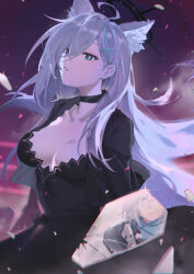 Rule 34 | 1girl, aged up, animal ear fluff, animal ears, assault rifle, black dress, blue archive, blue eyes, breasts, broken halo, cleavage, collarbone, cross hair ornament, dress, extra ears, grey hair, hair ornament, halo, highres, large breasts, long hair, long sleeves, looking at viewer, shiroko (blue archive), shiroko terror (blue archive), sig sauer 556, solo, tsuiru, wolf ears