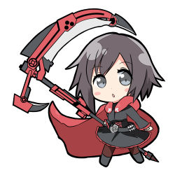 Rule 34 | 1girl, :o, absurdres, black dress, blush, cape, chibi, commentary, commentary request, crescent rose, dress, grey eyes, highres, holding, holding weapon, kanocchi, pantyhose, red cape, ruby rose, rwby, short dress, short hair, solo, weapon
