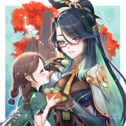 Rule 34 | 2girls, :d, ^ ^, aqua hair, bird, black gloves, black hair, braid, brown hair, closed eyes, colored inner hair, commentary request, crane (animal), dress, facing another, food, genshin impact, glasses, gloves, green dress, green eyes, grin, highres, holding, holding food, karanashi mari, long hair, multicolored hair, multiple girls, open mouth, ponytail, puffy short sleeves, puffy sleeves, short sleeves, shuyu (genshin impact), smile, twin braids, twintails, upper body, xianyun (genshin impact), yuandai (genshin impact)