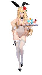 Rule 34 | 1girl, absurdres, animal ears, ayase shichikai, bare shoulders, black bow, black bowtie, black footwear, blonde hair, blue eyes, blush, bow, bowtie, breasts, cameltoe, cleavage, closed mouth, collar, covered erect nipples, covered navel, cup, darkness (konosuba), detached collar, drinking glass, fake animal ears, flower, full body, gluteal fold, hair flower, hair ornament, highleg, highleg leotard, highres, holding, holding tray, jewelry, kono subarashii sekai ni shukufuku wo!, large breasts, leotard, long hair, looking at viewer, necklace, playboy bunny, rabbit ears, see-through, see-through leotard, shoes, simple background, solo, standing, strapless, strapless leotard, thigh strap, thighhighs, traditional bowtie, tray, white background, white collar, white leotard, white thighhighs, white wrist cuffs, wrist cuffs, x hair ornament