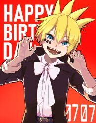 Rule 34 | 1boy, akicaze, belt, bishounen, black coat, black outline, blonde hair, blue eyes, bow, bowtie, brown belt, claw pose, coat, collared shirt, dated, double-parted bangs, dress shirt, fingernails, hair between eyes, hands up, happy, happy birthday, head tilt, hood, hood down, hooded coat, juli sieben, long sleeves, looking at viewer, male focus, mark under eye, open clothes, open coat, open mouth, outline, red background, saturated, sen&#039;yuu., sharp fingernails, sharp teeth, shirt, shirt tucked in, short hair, simple background, solo, spiked hair, straight-on, teeth, tongue, upper body, white bow, white bowtie, white shirt, wing collar