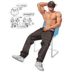 Rule 34 | 1boy, abs, arm behind head, baseball cap, biceps, black headwear, black pants, chair, grey footwear, hat, highres, male focus, nipples, original, pants, pectorals, rinotuna, shoes, simple background, sitting, solo focus, speech bubble, topless male, translation request, white background