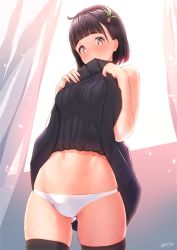 Rule 34 | 1girl, ahoge, bare arms, bare shoulders, black dress, black hair, black thighhighs, blunt bangs, blush, breasts, brown eyes, clothes lift, covered mouth, cowboy shot, curtains, dress, dress lift, embarrassed, gluteal fold, hair ornament, indoors, light particles, looking at viewer, medium breasts, nanahime, navel, original, panties, short hair, signature, skindentation, solo, standing, tears, thighhighs, underwear, white panties, window