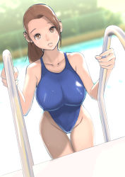 Rule 34 | 1girl, :o, breasts, brown eyes, brown hair, competition swimsuit, covered erect nipples, dytm, gluteal fold, highleg, highleg swimsuit, highres, huge breasts, long hair, looking at viewer, one-piece swimsuit, original, parted lips, ponytail, pool ladder, pool monitor part-timer (dtym), shiny clothes, solo, swimsuit, thigh gap