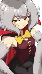 Rule 34 | 1girl, black cape, black pants, blood, blood in mouth, blush, bow, bowtie, breasts, cape, cleavage, commentary, english commentary, fang, feathered wings, grey feathers, grey hair, grey wings, harpy, highres, looking at viewer, medium hair, mono (sifserf), monster girl, multicolored hair, original, owl girl, pants, red cape, red vest, sifserf, simple background, slit pupils, small breasts, smile, two-tone hair, vampire, vampire costume, vest, white background, winged arms, wings, yellow bow, yellow bowtie, yellow eyes