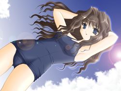 Rule 34 | 1girl, armpits, arms up, blue eyes, blue one-piece swimsuit, brown hair, cloud, covered erect nipples, day, dutch angle, hair between eyes, hair intakes, kanon, lens flare, long hair, misaka kaori, non-web source, one-piece swimsuit, open mouth, outdoors, satomi hidefumi, school swimsuit, sky, solo, sun, swimsuit