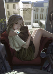 Rule 34 | 1girl, absurdres, animal, backlighting, bare legs, blonde hair, brick floor, brooch, cat, chair, character name, city, cropped legs, day, elbow gloves, expressionless, feet out of frame, gloves, green eyes, halterneck, hat, unworn hat, unworn headwear, high heels, highres, holding, holding animal, holding cat, indoors, jewelry, komeiji koishi, lips, looking at viewer, medium hair, pupil g, raglan sleeves, reclining, shirt, shoes, unworn shoes, signature, sitting, slouching, solo, table, thick eyebrows, third eye, touhou, white shirt, window