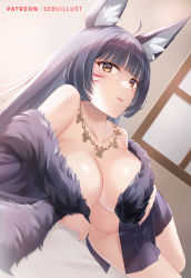 Rule 34 | 1girl, ahoge, animal ear fluff, animal ears, azur lane, black hair, black skirt, blunt bangs, breasts, brown eyes, cleavage, dutch angle, facial mark, feather boa, fox ears, highres, indoors, jewelry, large breasts, long hair, looking afar, lying, magatama, magatama necklace, musashi (azur lane), nail polish, necklace, on bed, on side, open clothes, open skirt, parted lips, patreon username, sebu illust, sidelocks, skirt, solo, thighs, topless