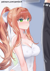 Rule 34 | 1boy, 1girl, bare shoulders, black pants, blush, breasts, brown hair, cleavage, closed mouth, collarbone, commentary, doki doki literature club, dress, english commentary, green eyes, highres, large breasts, long hair, monika (doki doki literature club), pants, patreon username, shirt, sidelocks, solo focus, spaghetti strap, very long hair, white dress, white shirt, yami (rear4742)